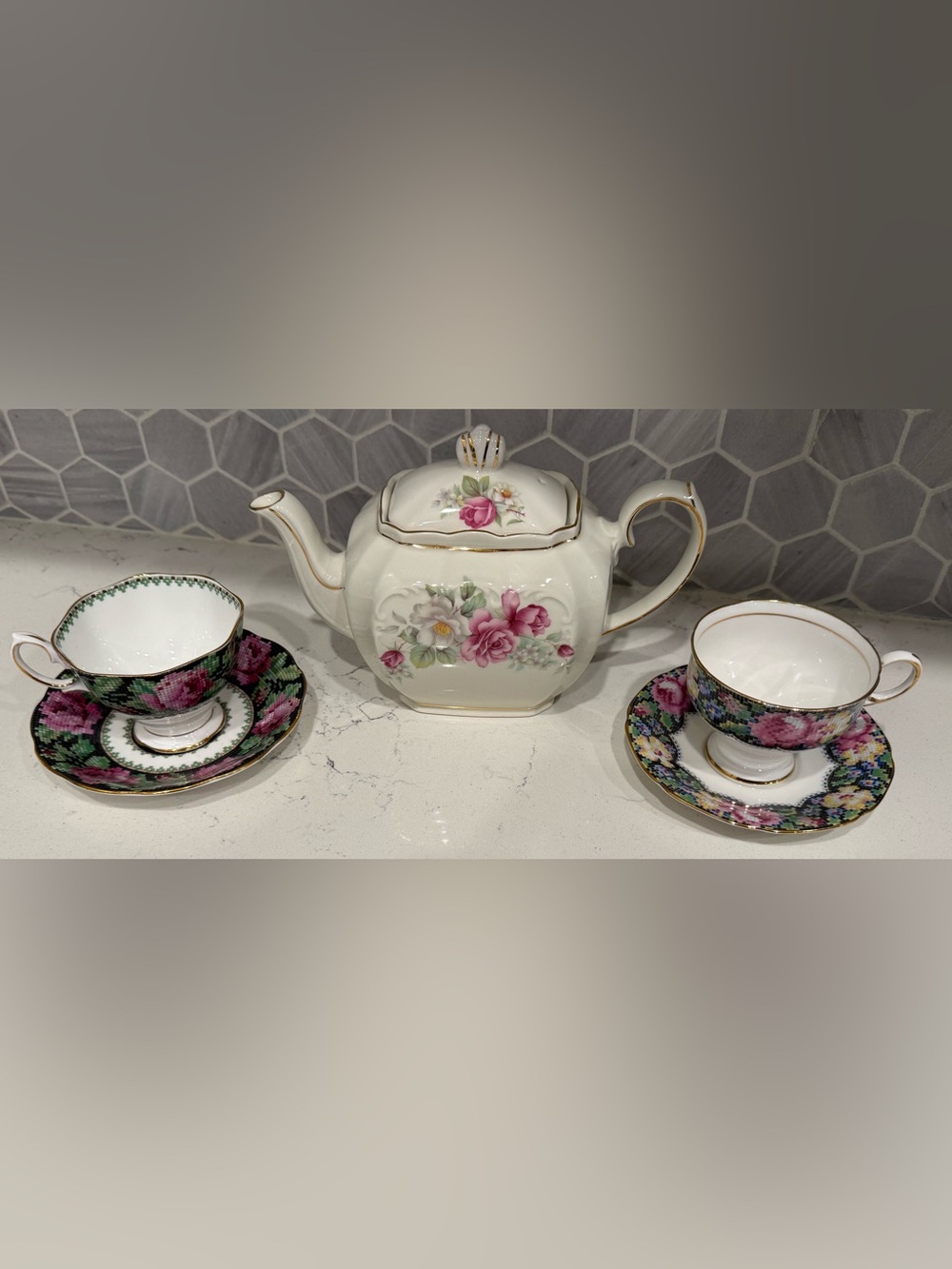 Vintage English Tea Set Windsor Teapot 2 Cups Paragon & Royal Albert Needlepoint